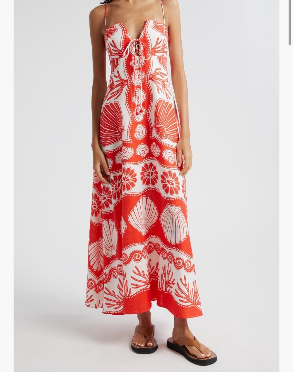 FARM Rio Red White Shell Print Linen Blend Maxi Dress Size Small - Picture 1 of 9